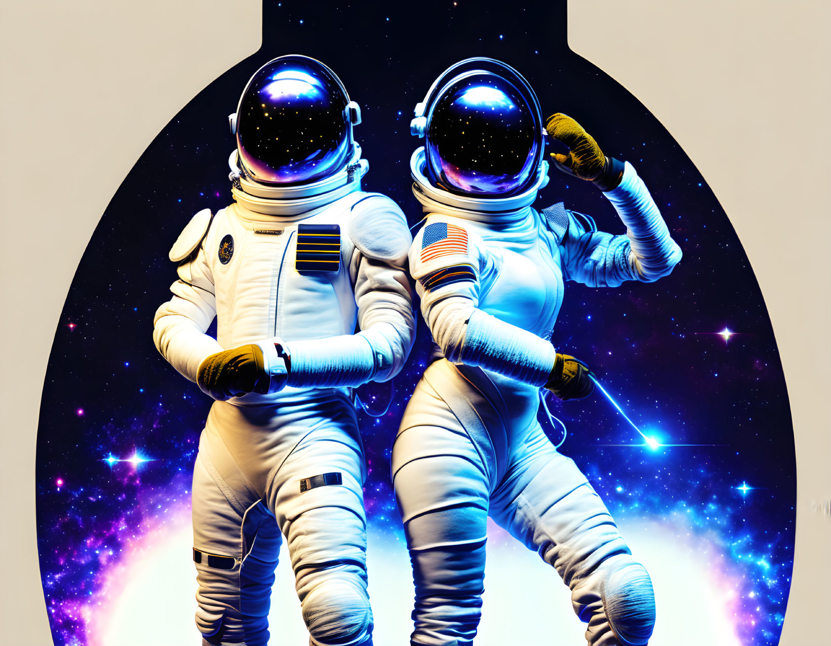 Astronauts in white space suits against cosmic backdrop