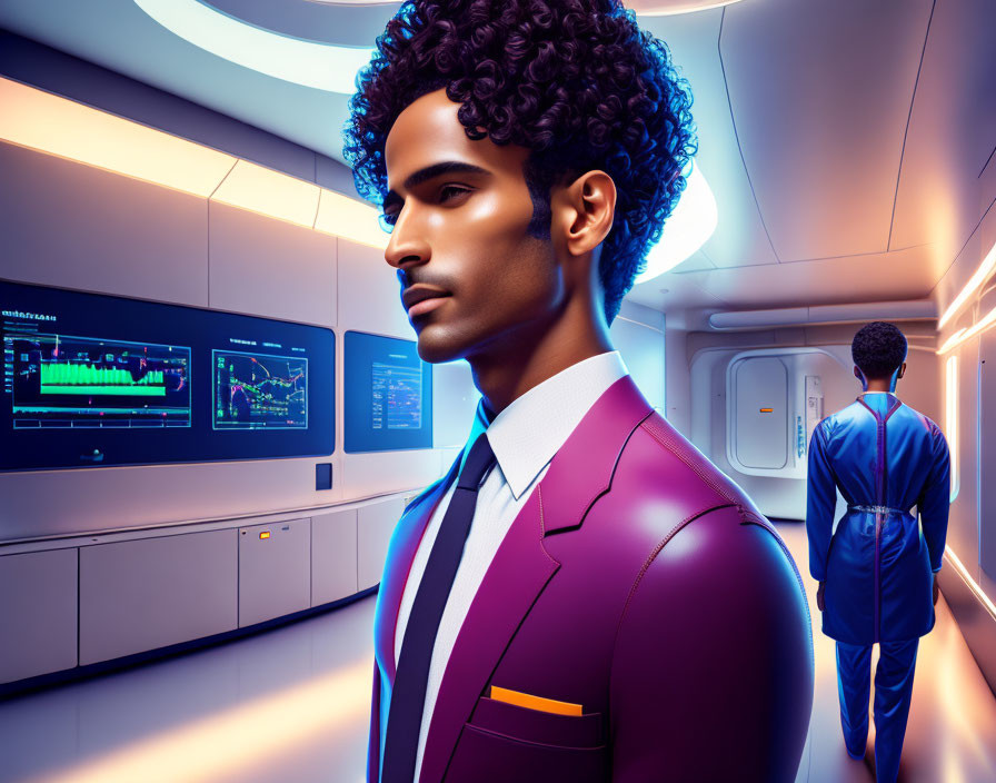 Curly-Haired Man in Purple Suit in Futuristic Corridor with Neon Lighting