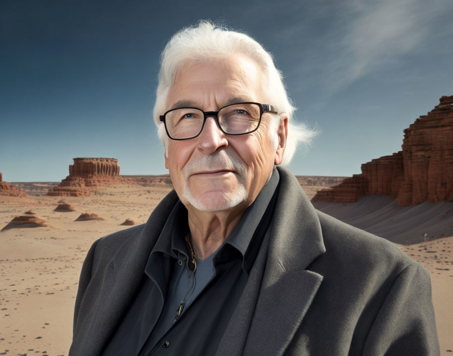 Elderly man with white hair and glasses in black shirt and grey coat against desert landscape.