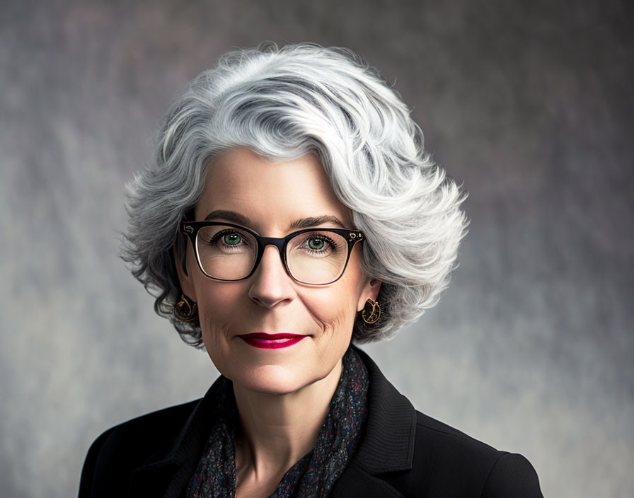 Smiling woman with silver hair, glasses, red lipstick in black outfit