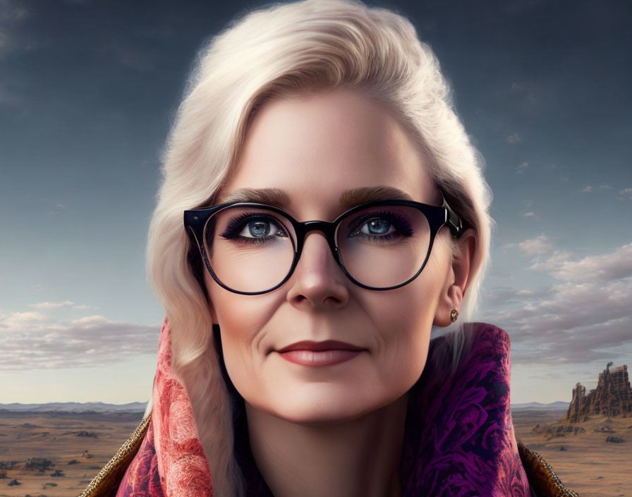 White-Haired Woman in Glasses with Colorful Scarf in Desert Landscape