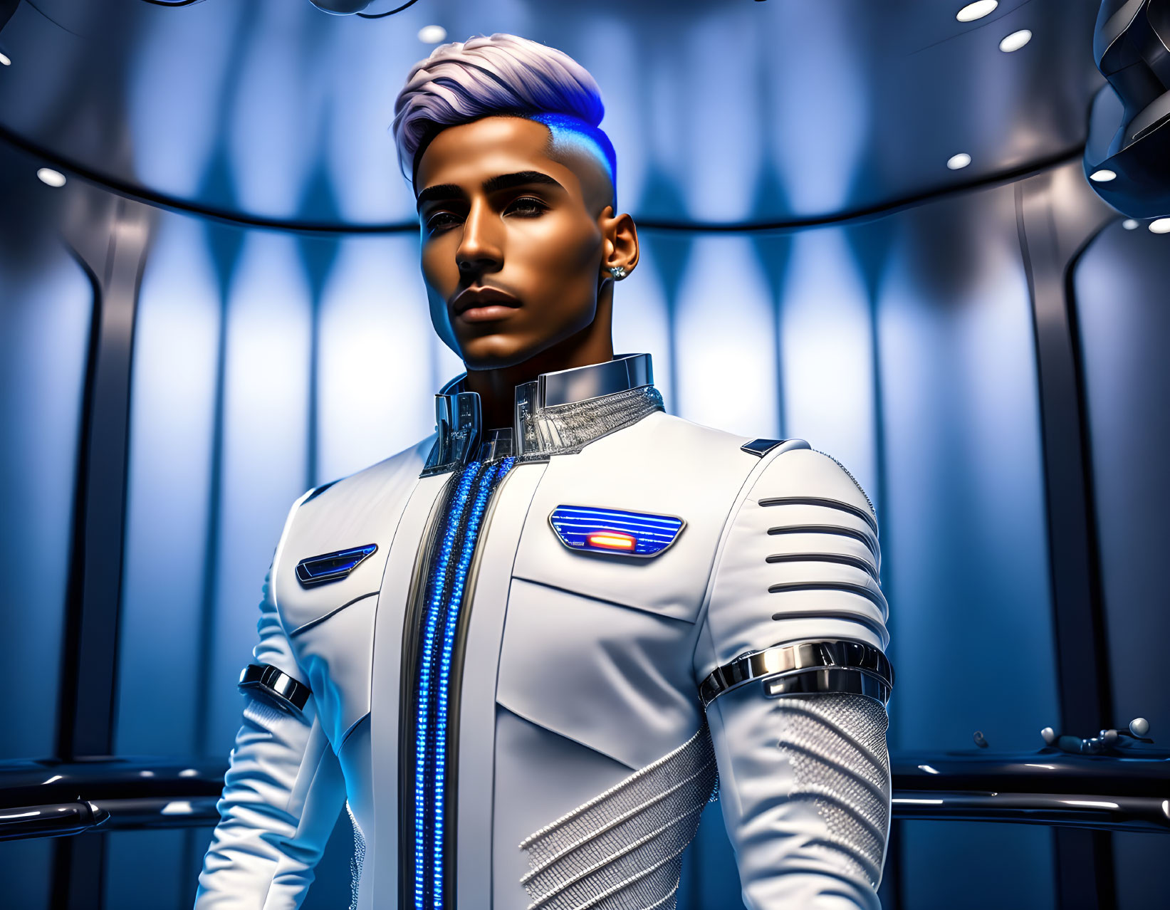 Futuristic male figure in blue hair & white suit in metallic setting