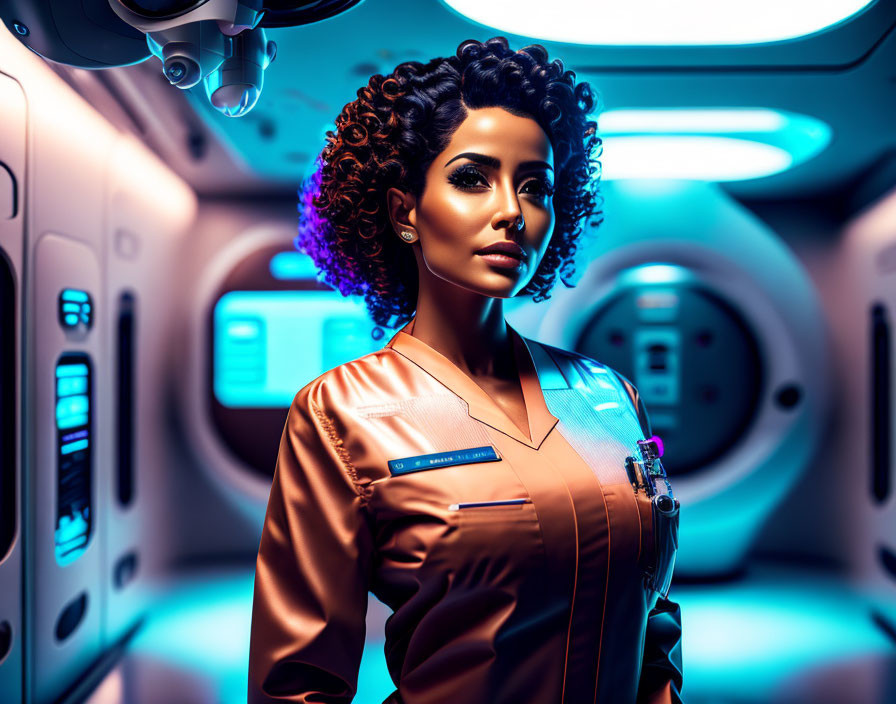 Confident woman in futuristic uniform inside spacecraft with blue lighting