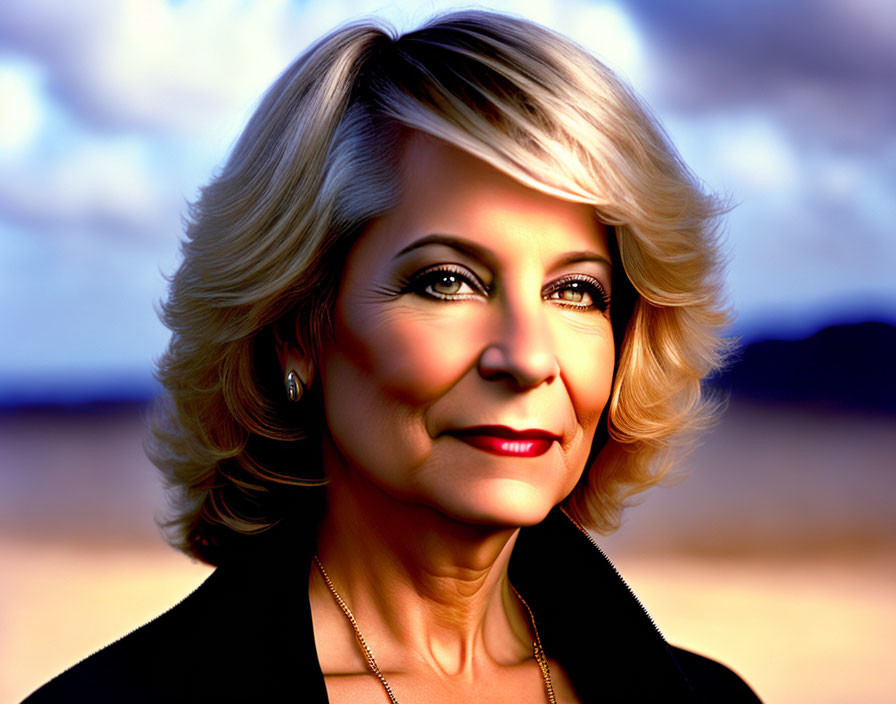 Mature woman portrait with blonde hair and blue eyes in black outfit on beach backdrop