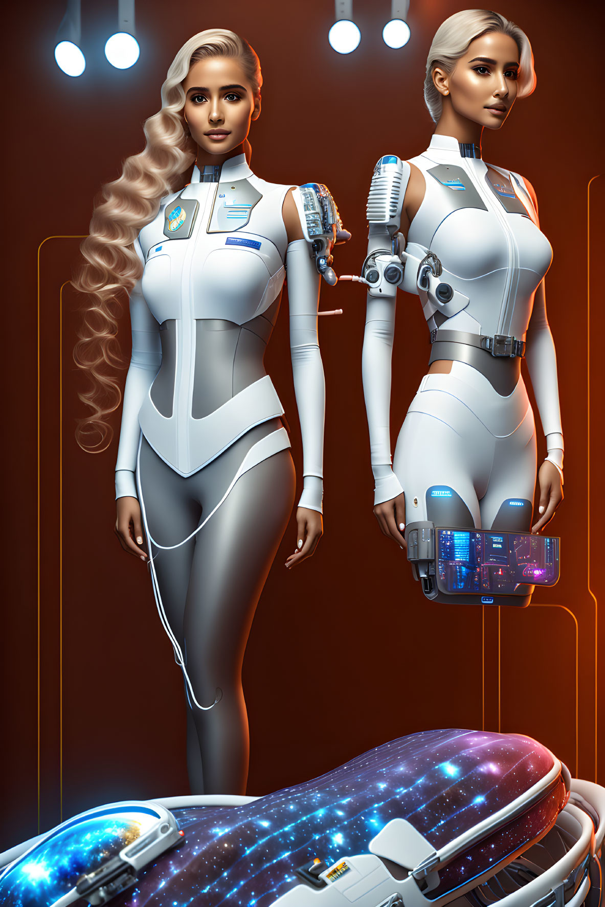 Futuristic female androids in white suits with advanced arm gadgets