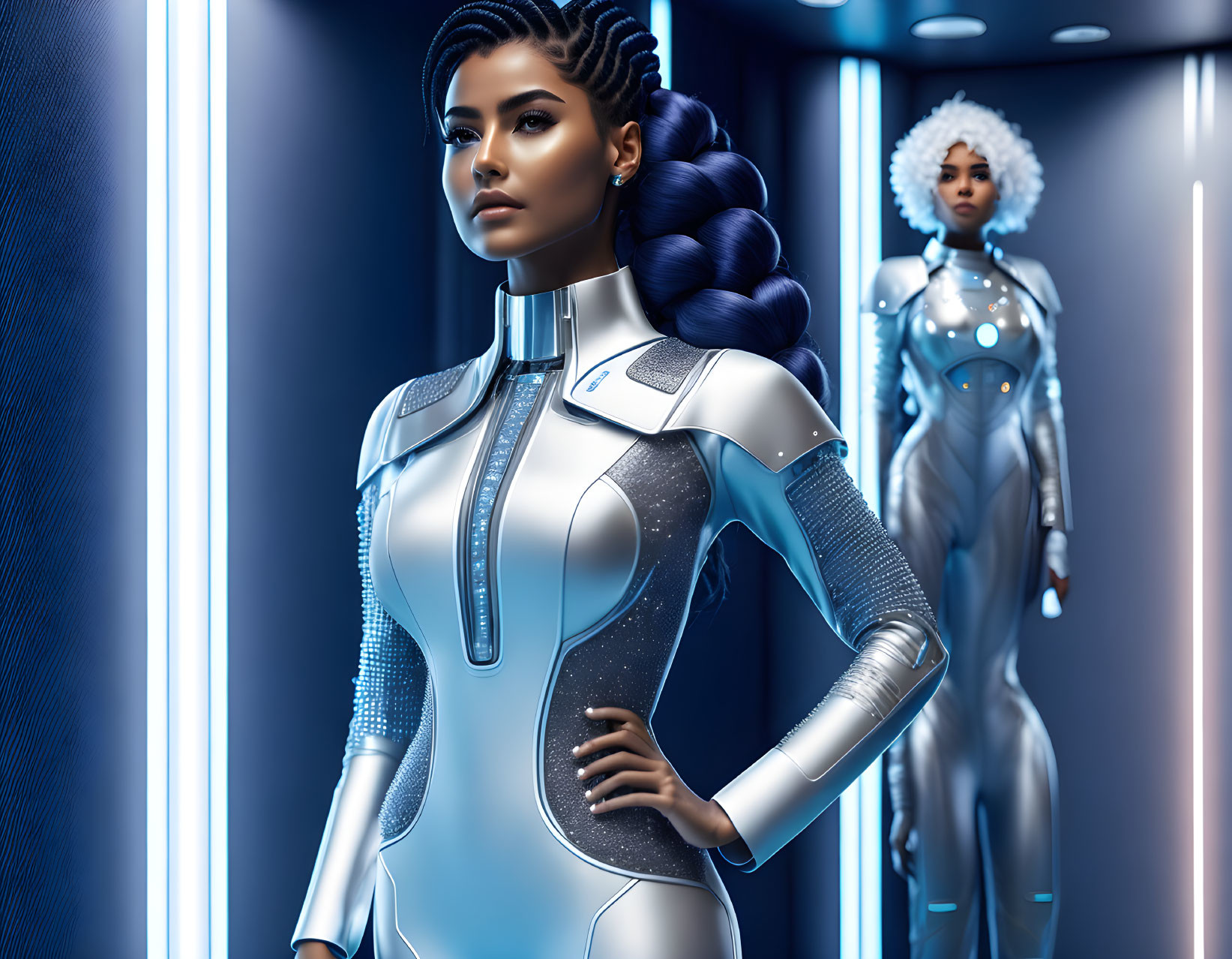 Futuristic women in silver-blue suits under blue neon lights