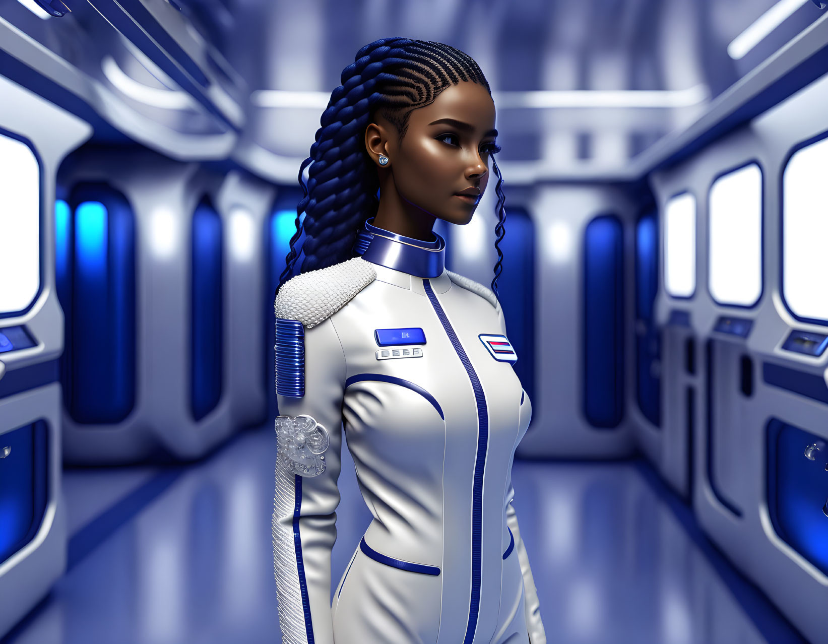 Futuristic digital artwork of woman in braided hair in white and blue spacesuit in space station