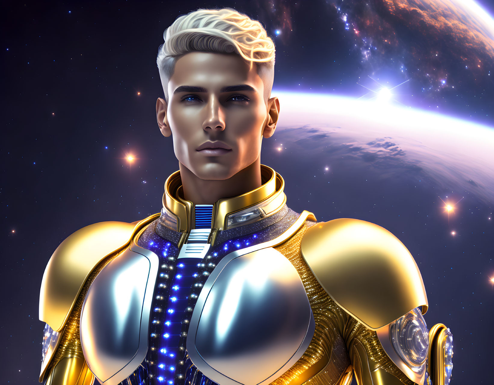 Blond-Haired Male Character in High-Tech Space Suit on Cosmic Background