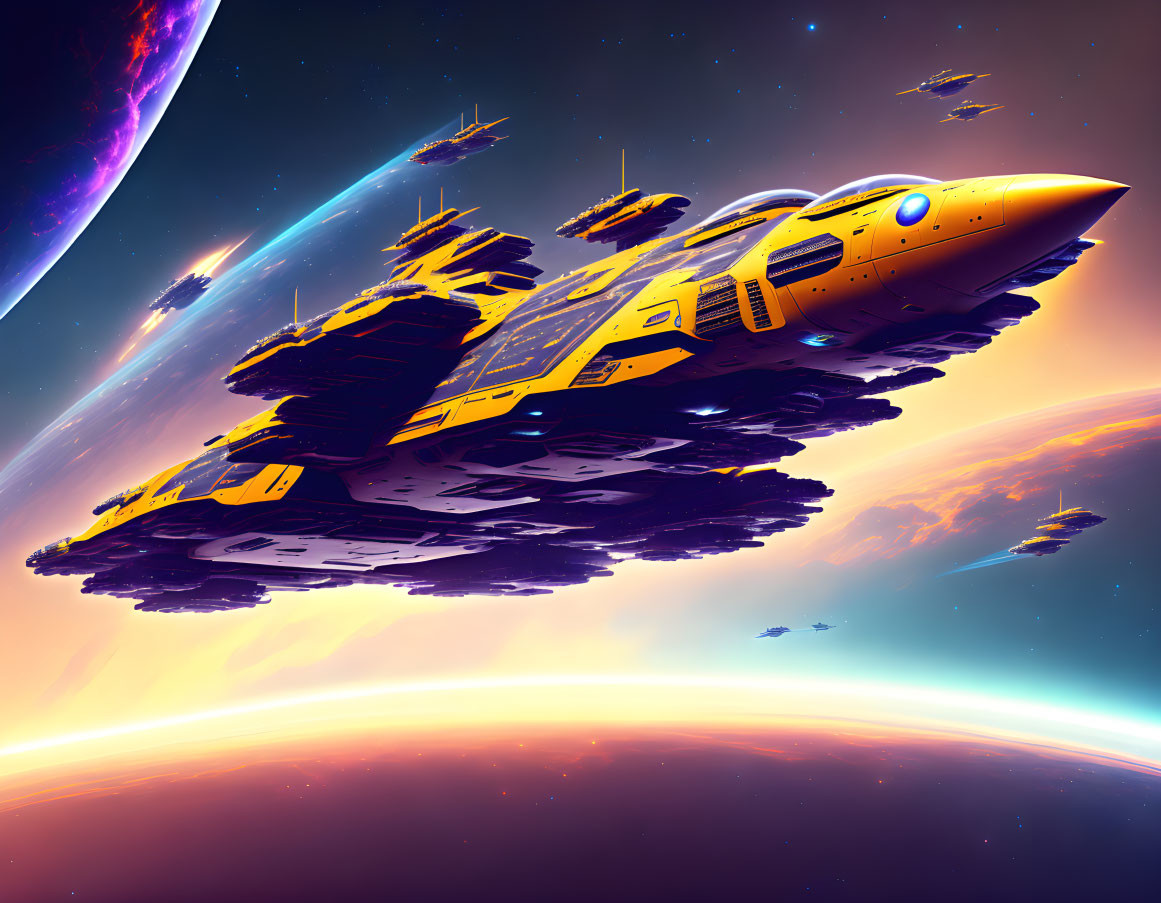 Futuristic spaceships orbit colorful planet with vibrant skies