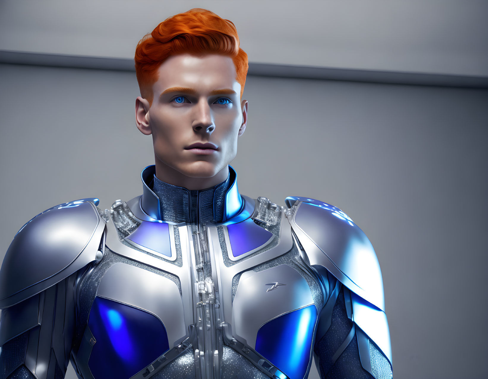 Futuristic male android with red hair in silver and blue armored suit