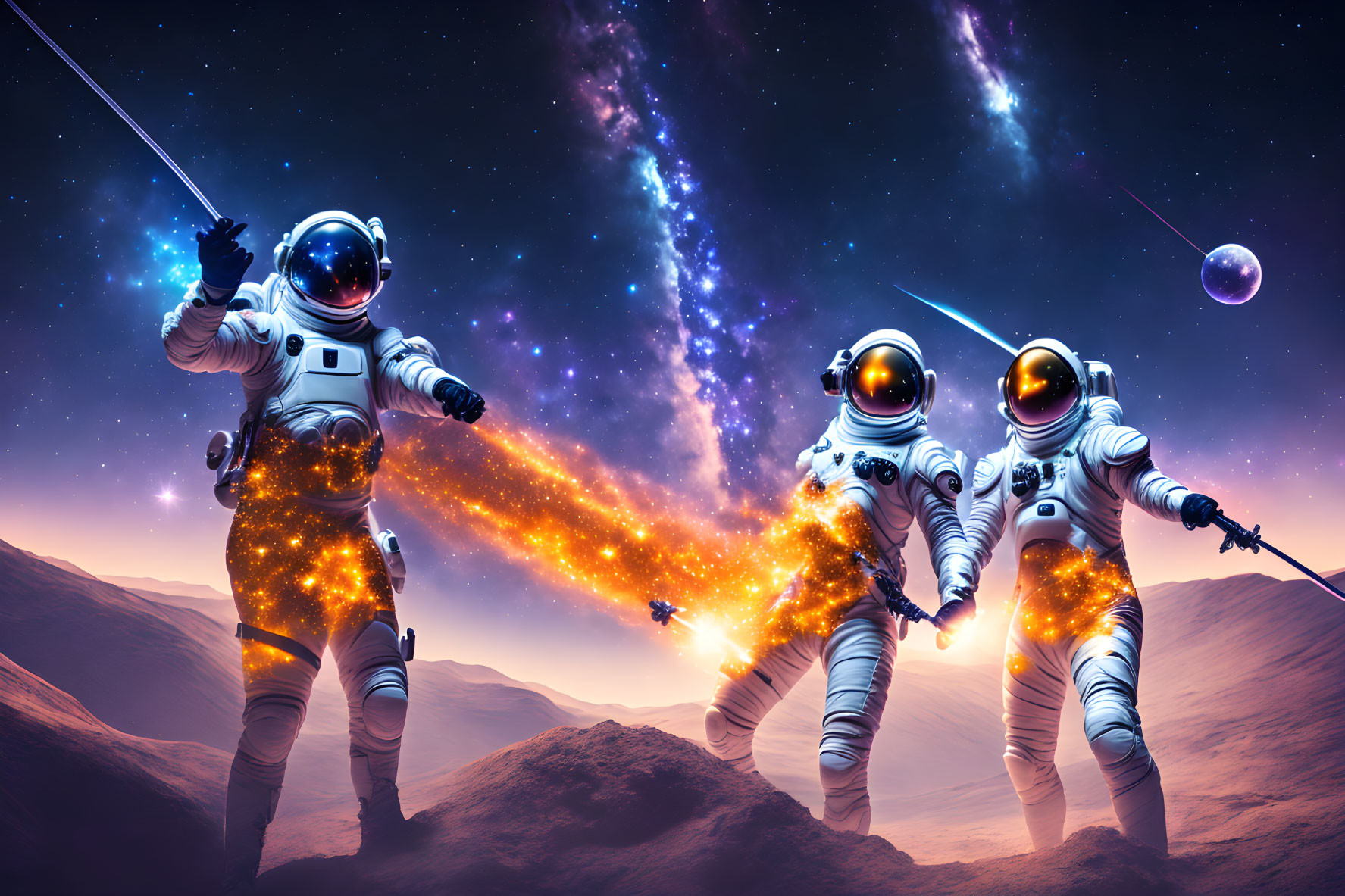 Astronauts in glowing suits wield light beams on alien planet