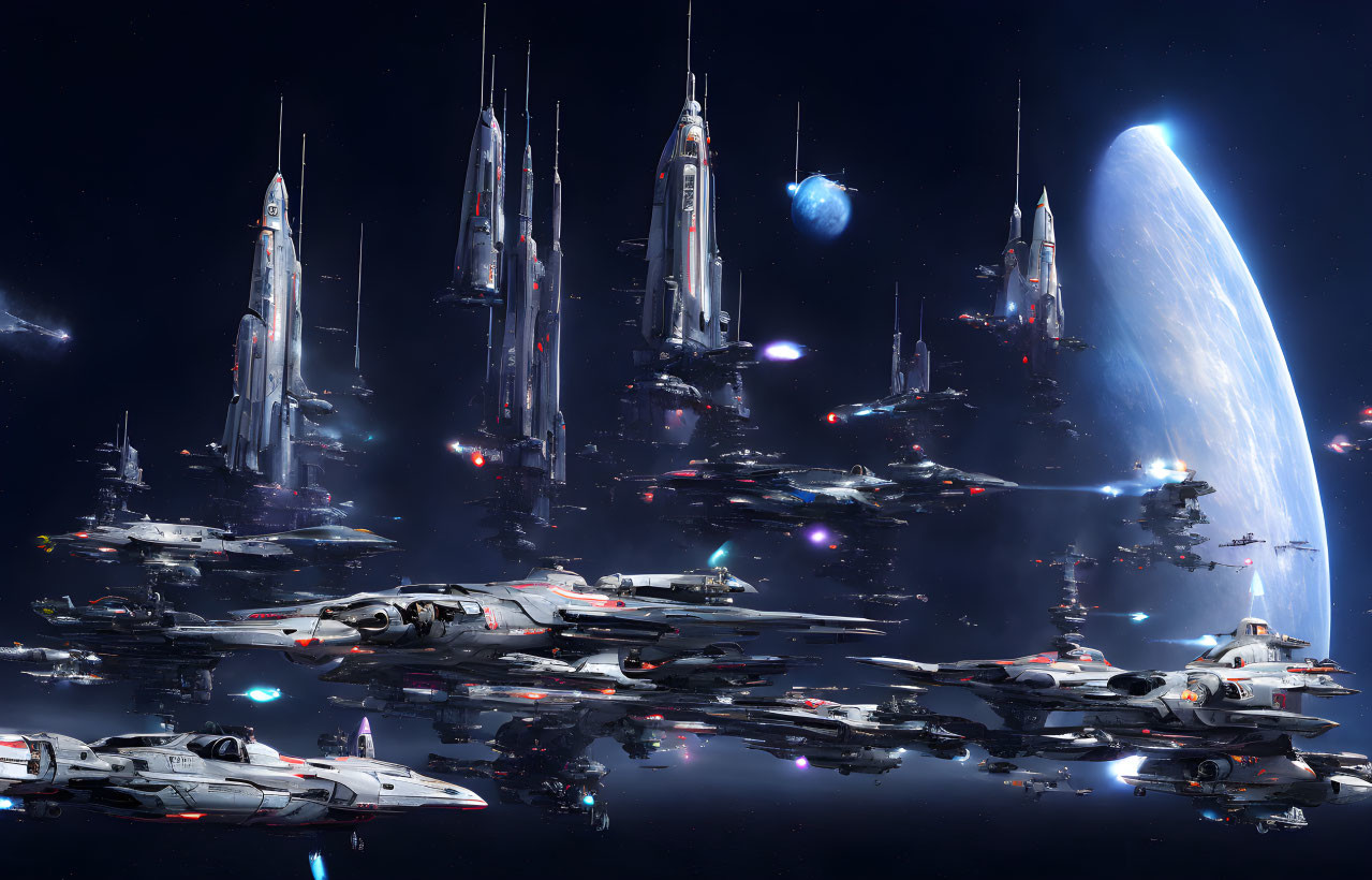 Assorted futuristic spacecraft fleet in space with stars and blue planet