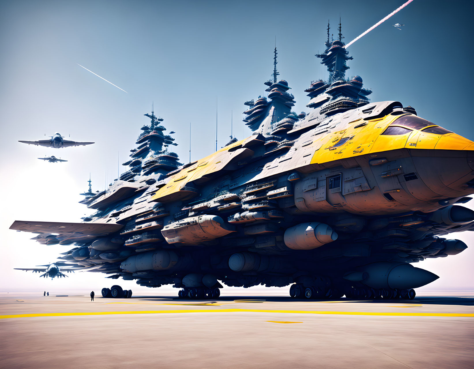 Massive armored spaceship with turrets on sunlit platform