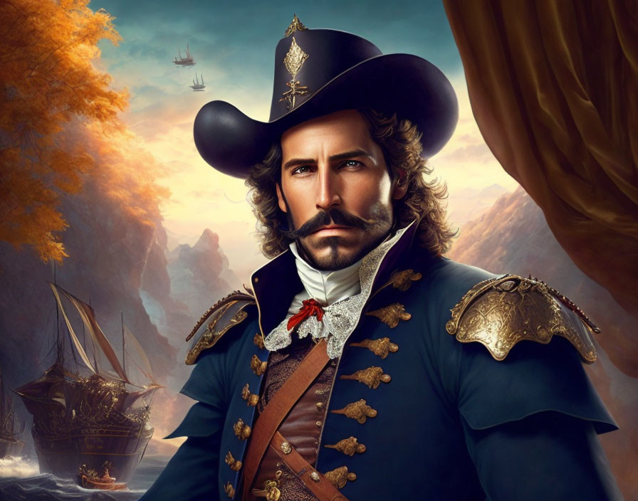 Historical naval attire digital painting with ships and cliffs