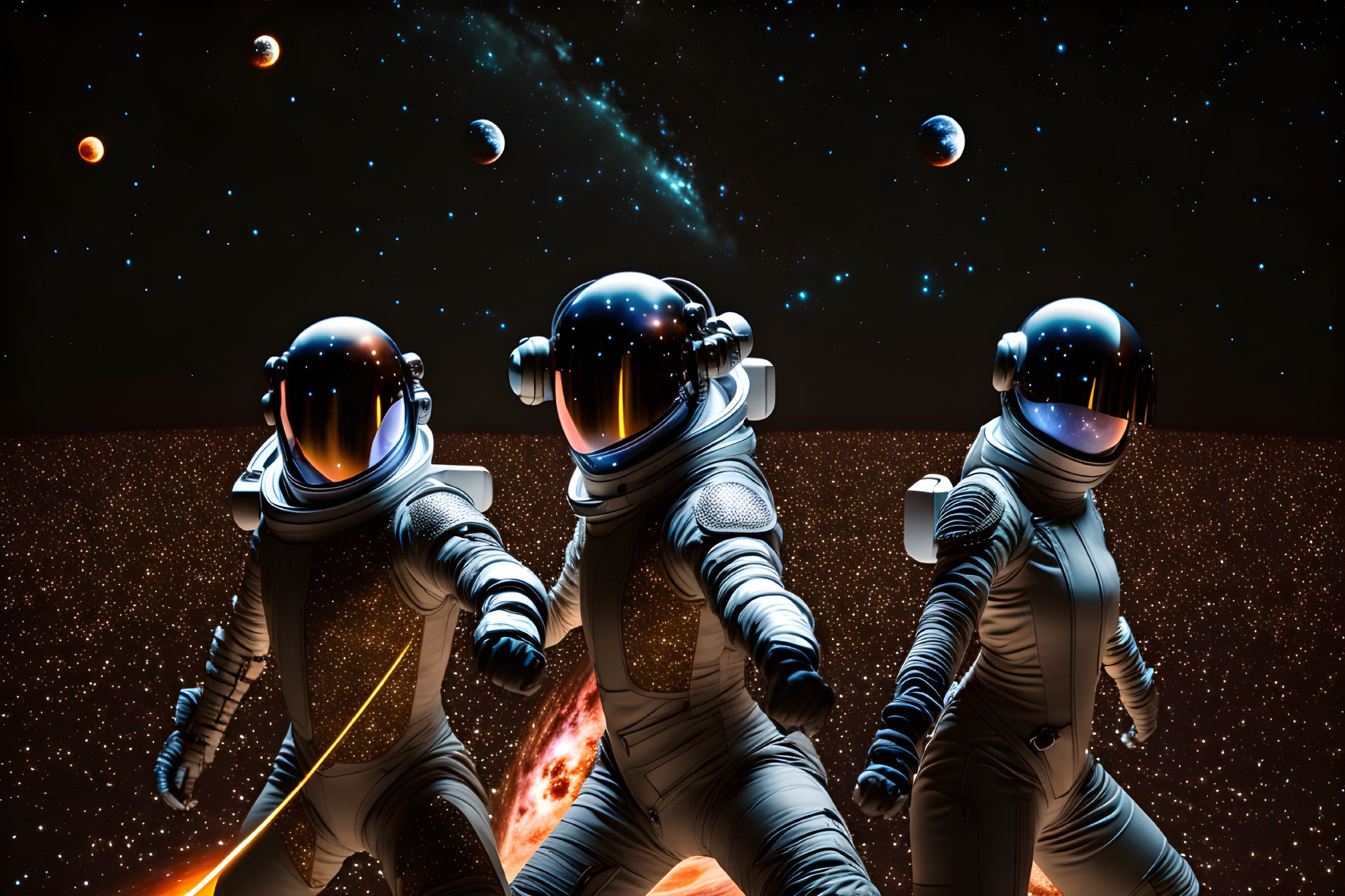 Astronauts with reflective helmets in space with planets and stars