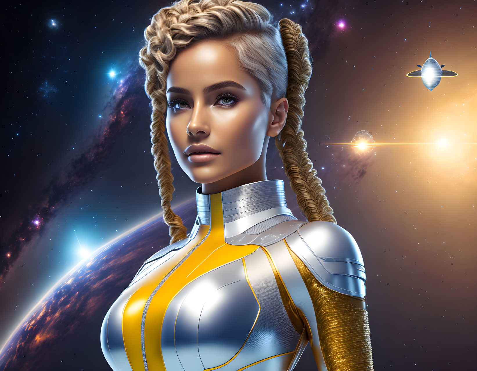 Futuristic female character in silver and gold suit with braided hair against cosmic backdrop