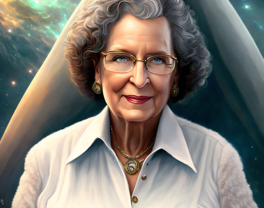 Elderly woman with grey hair, smiling, in white shirt, glasses, cosmic backdrop