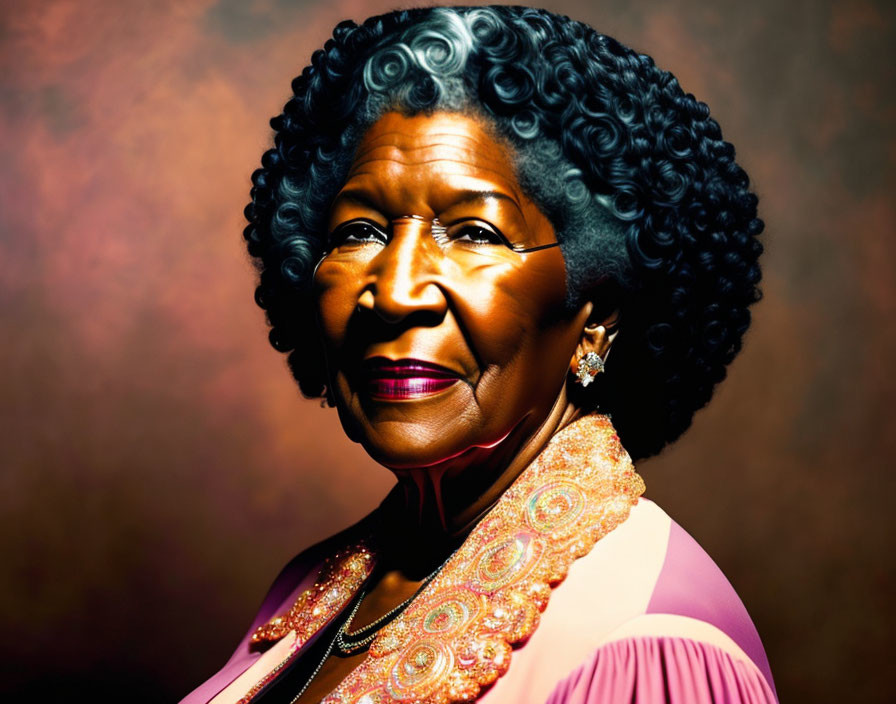 Elderly woman with gray curly hair in pink outfit and earrings on brown backdrop