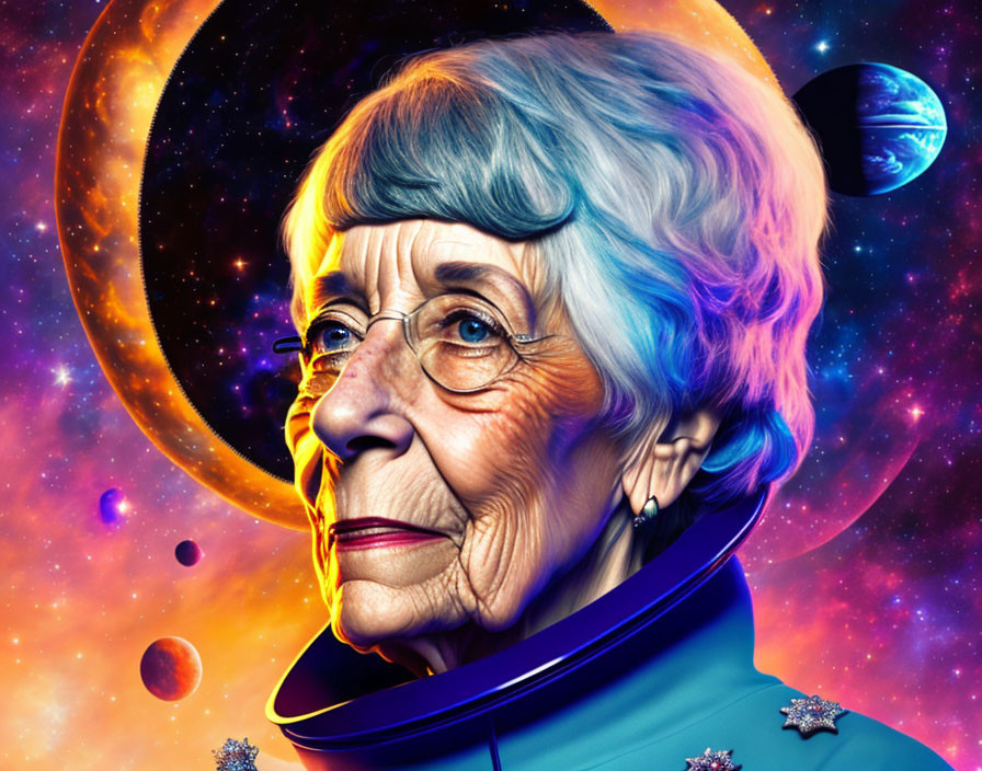 Elderly woman with blue-tinted hair in cosmic setting