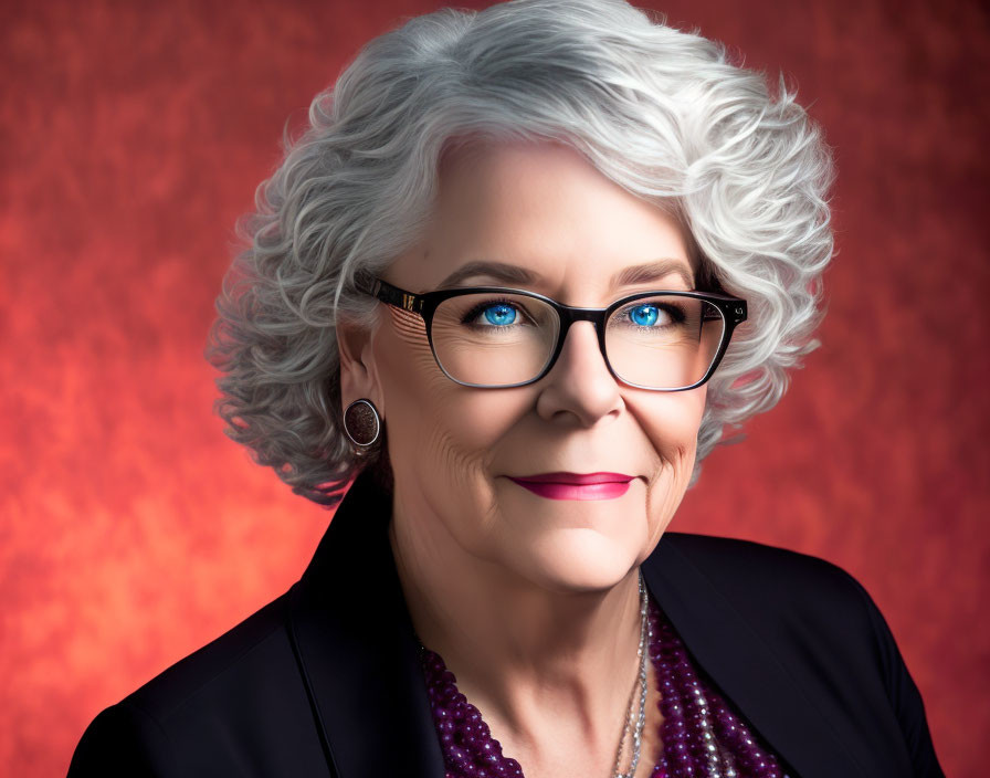 Smiling elderly woman portrait with gray hair and glasses