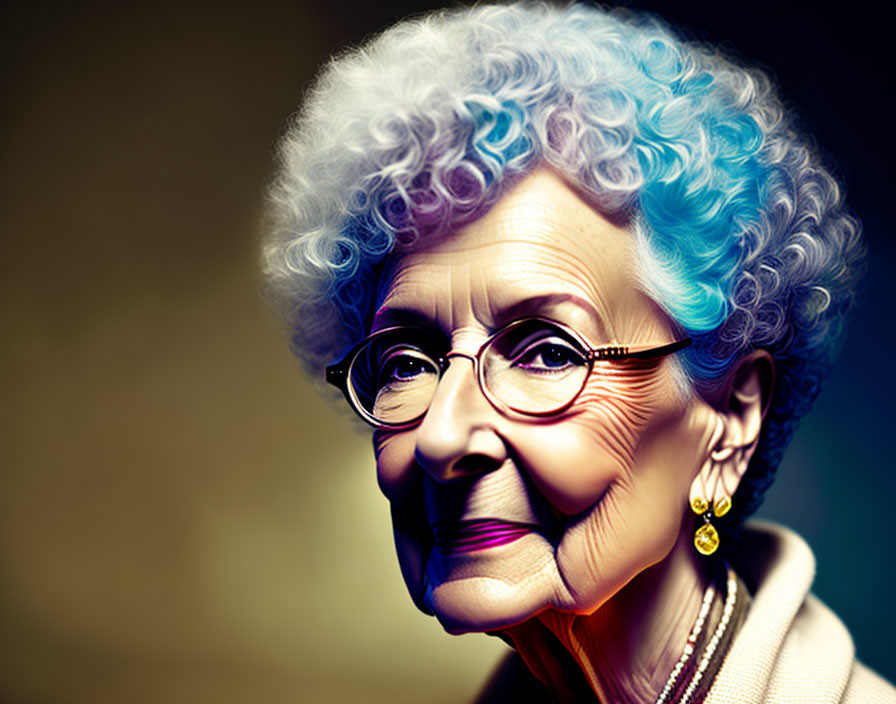 Elderly woman with blue-tinted hair, glasses, and gold earrings on dark backdrop