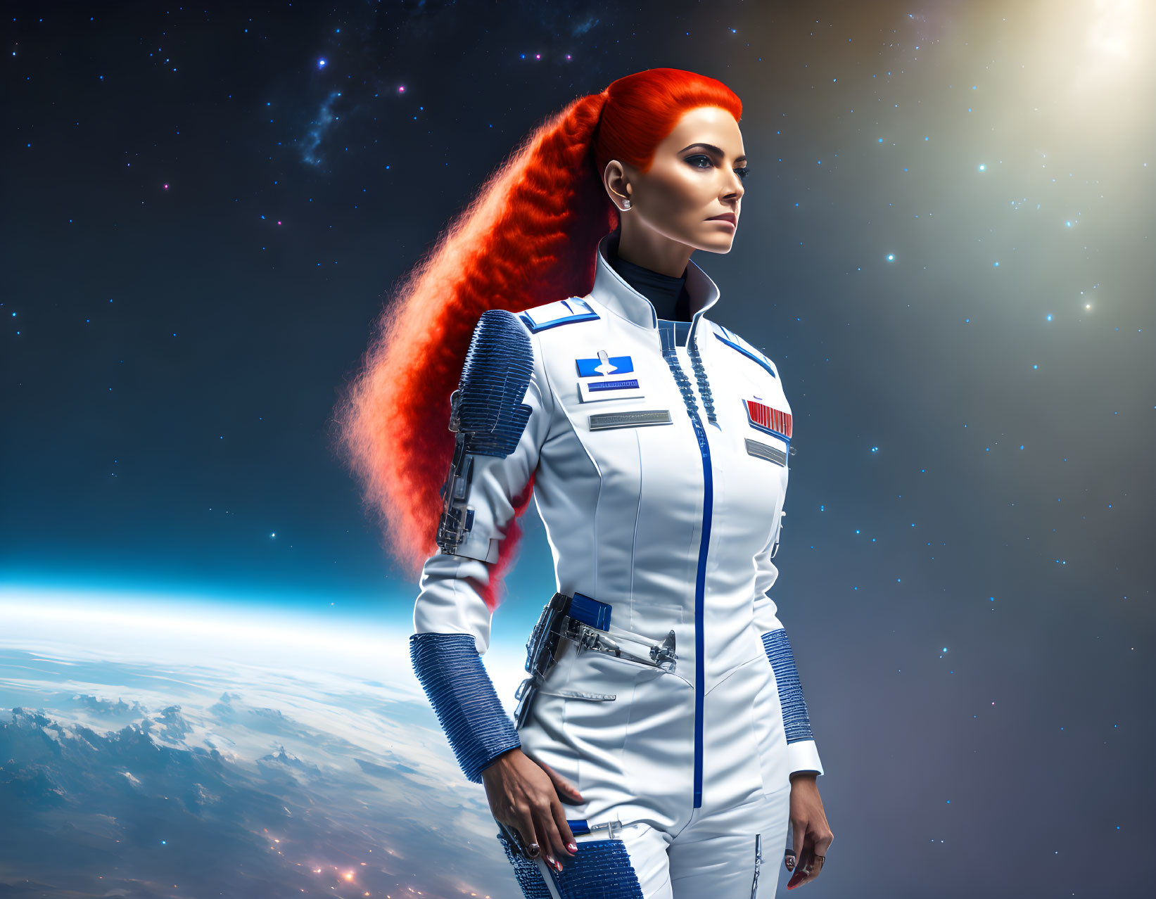 Female astronaut digital artwork: red-haired figure gazes into space with Earth in background