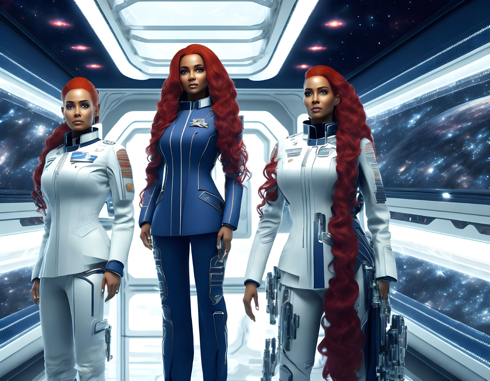 Three red-haired women in futuristic uniforms in spaceship corridor.