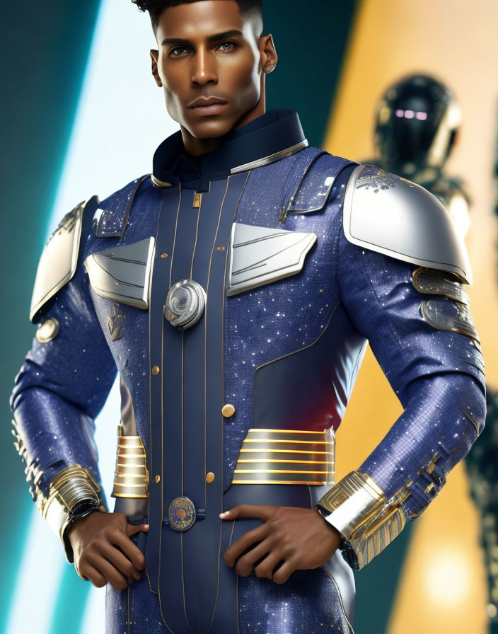 Futuristic man in blue uniform with metallic accents on dual-tone background