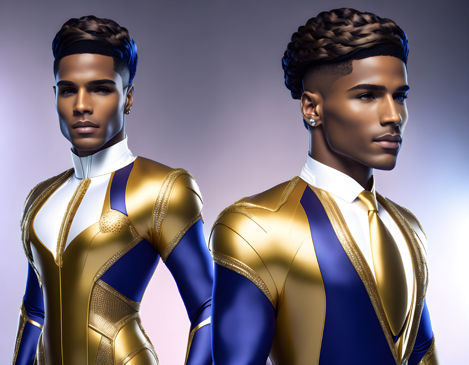 Stylized male characters in futuristic blue and gold outfits