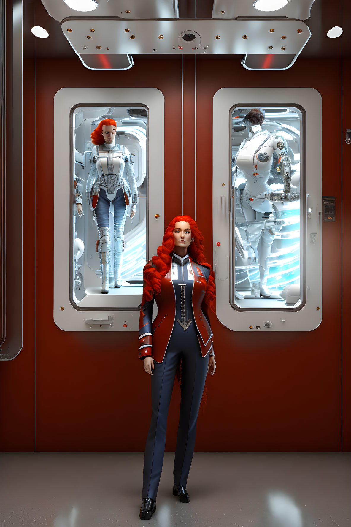 Red-haired woman in futuristic space uniform with humanoid figures in stasis pods.