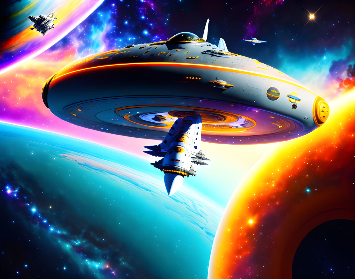 Large mothership and spacecraft in vibrant sci-fi scene.