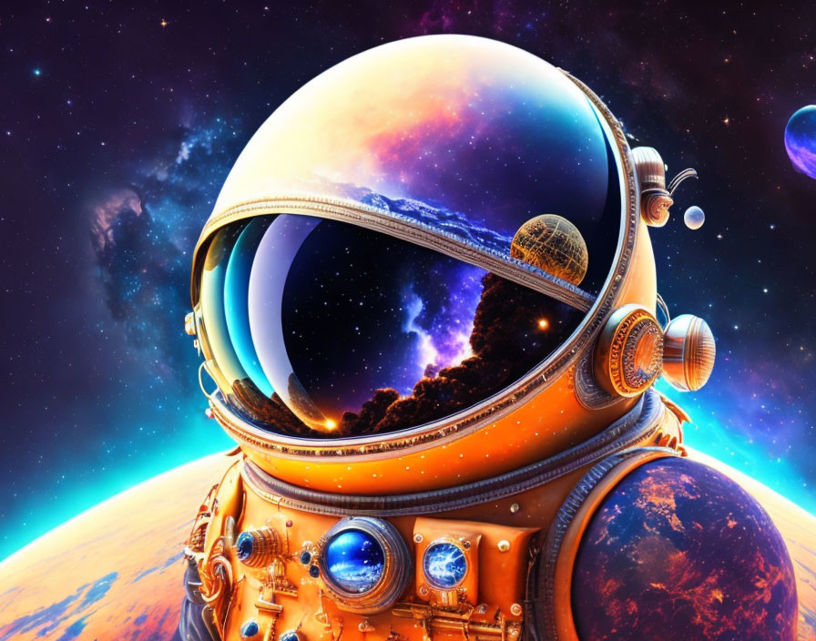 Digital artwork: Astronaut helmet reflecting cosmic scene