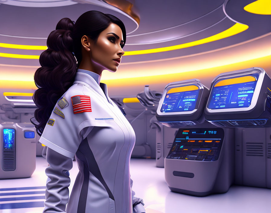 Futuristic woman in white uniform at high-tech command center