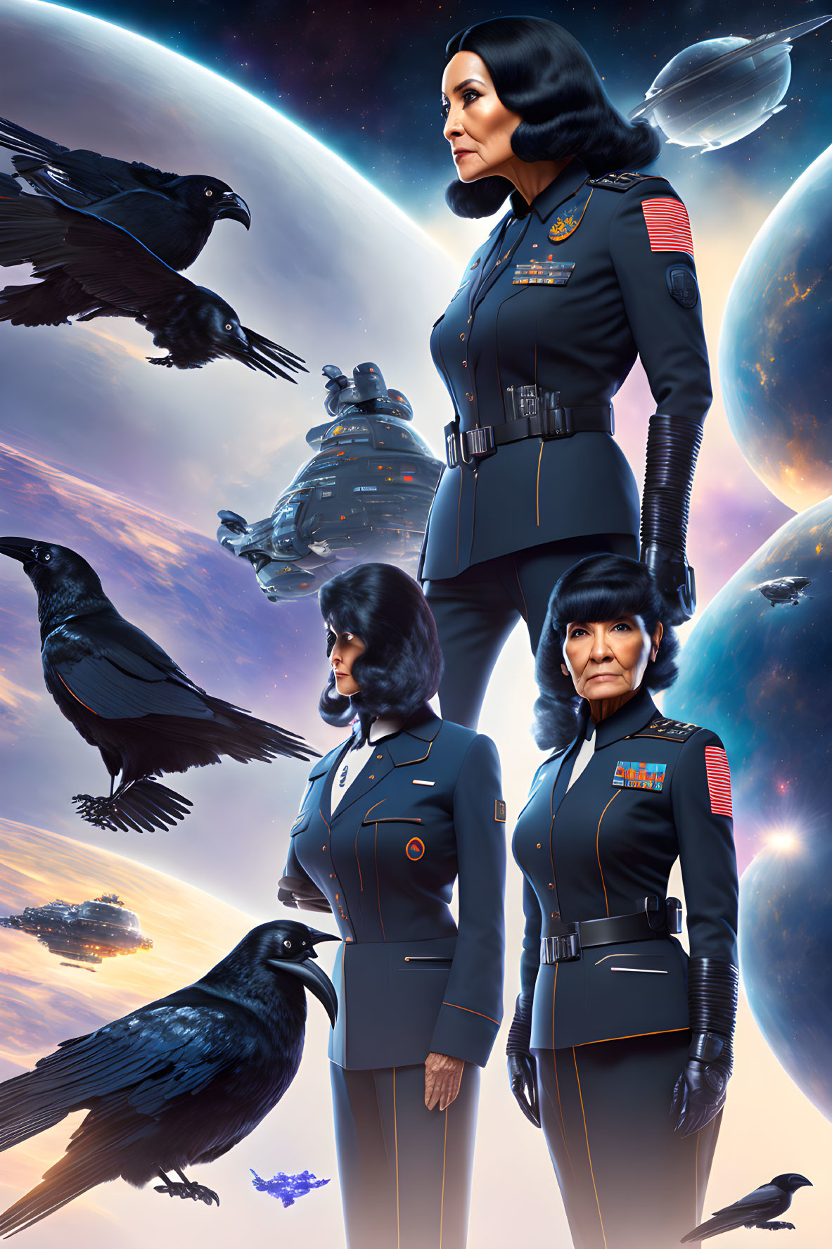 Futuristic military poster with three women and space elements