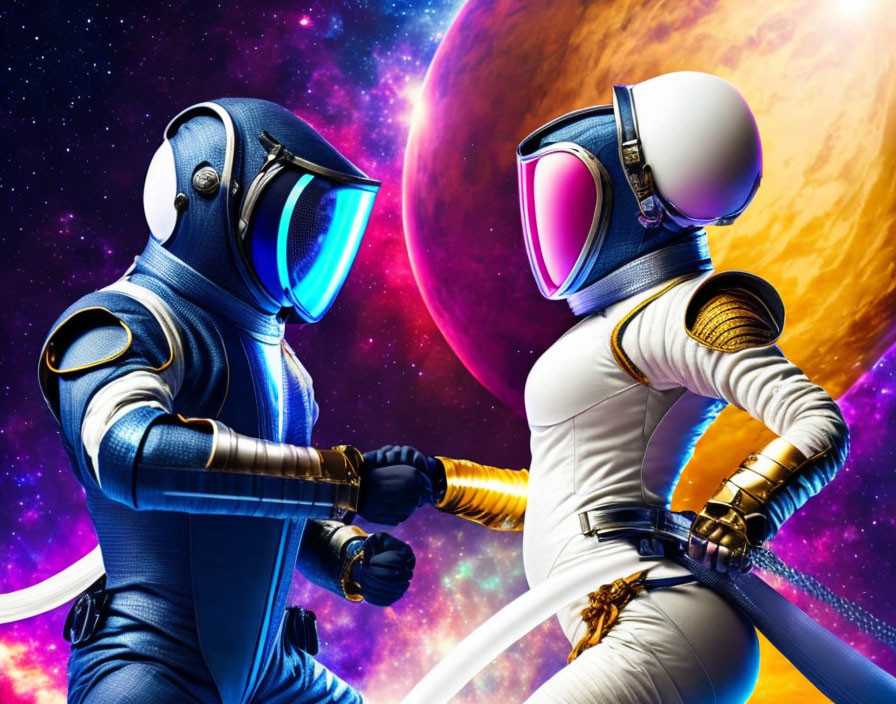 Futuristic astronauts in stylized suits against cosmic background