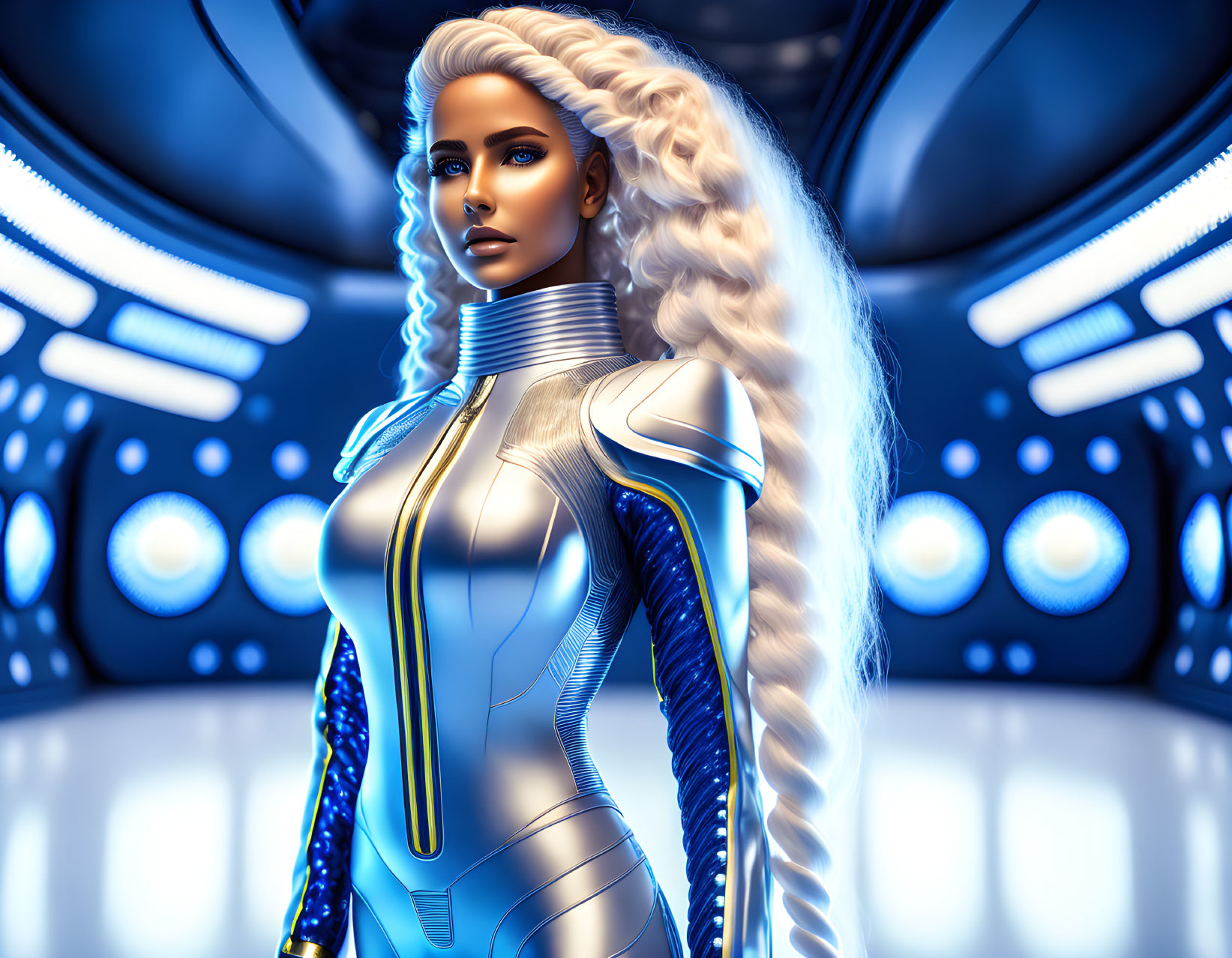 White-haired female character in silver-blue suit in futuristic sci-fi setting