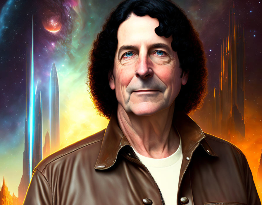 Man in brown leather jacket against sci-fi backdrop