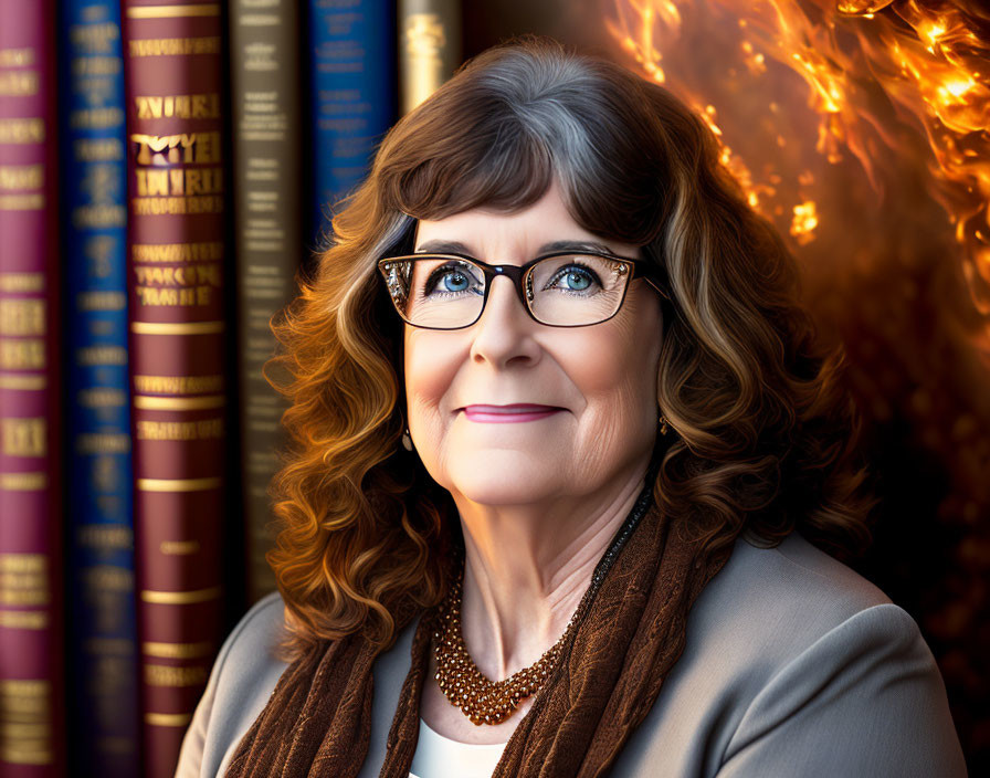 Smiling woman with glasses and brown hair in front of fiery bookshelf