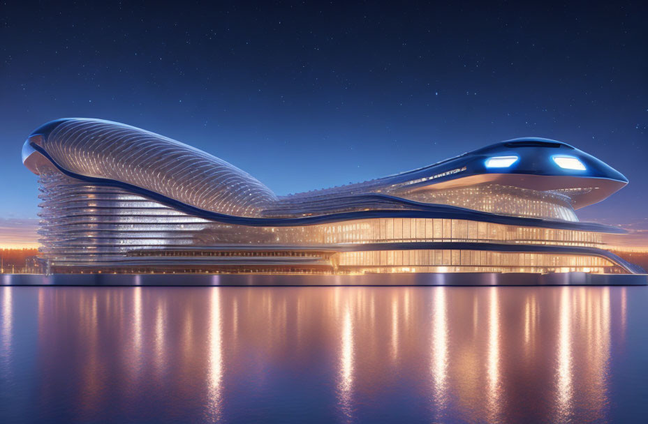 Sleek, Wavy Futuristic Building with Glowing Blue Lights