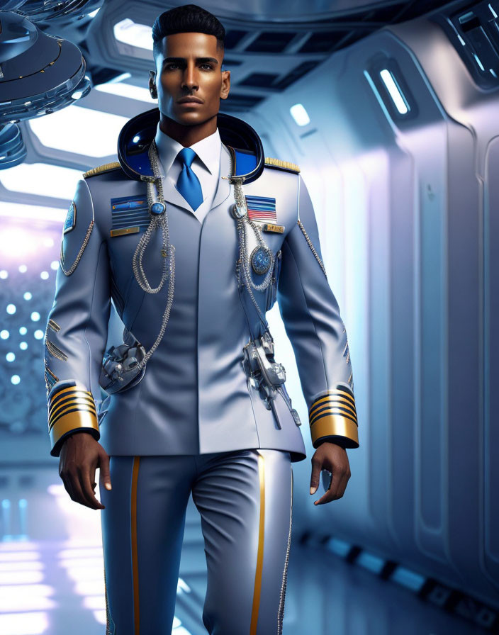 Futuristic military man with medals in spaceship corridor