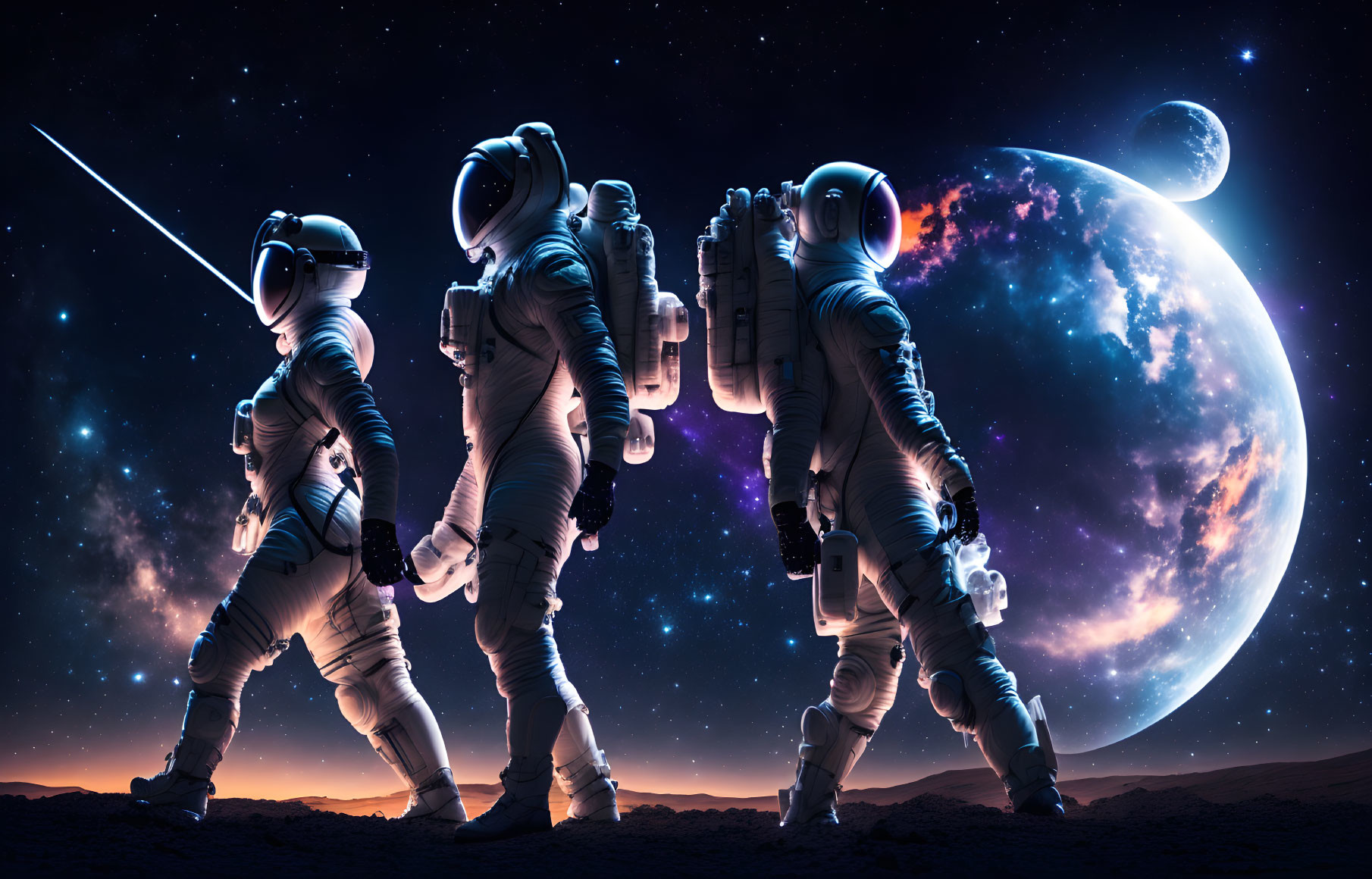 Three astronauts in futuristic gear on a celestial body with a large planet and moons under a starry sky