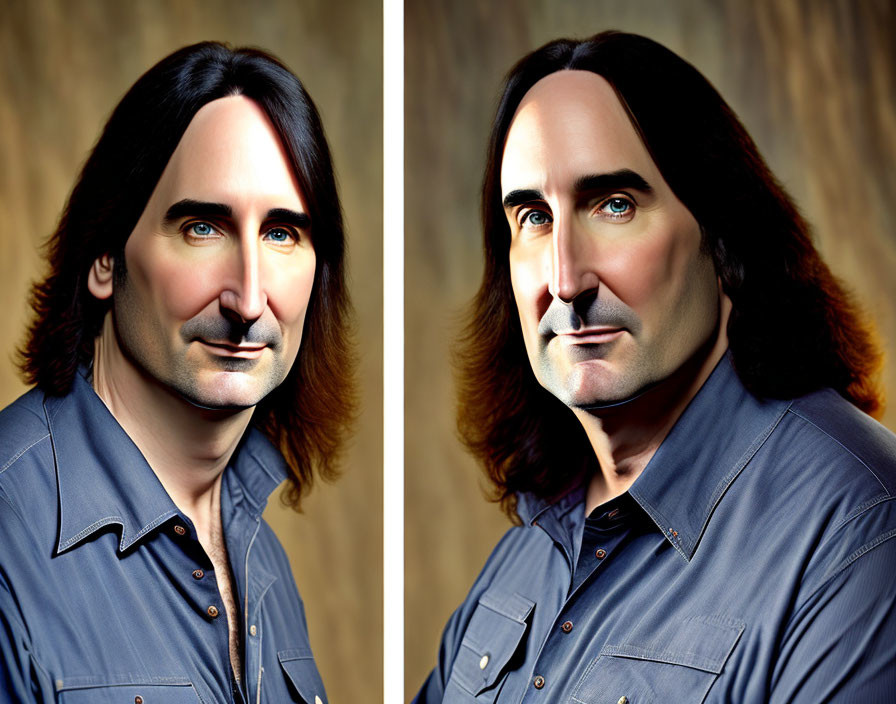 Side-by-Side Portraits of Man: Natural vs. Airbrushed on Brown Background