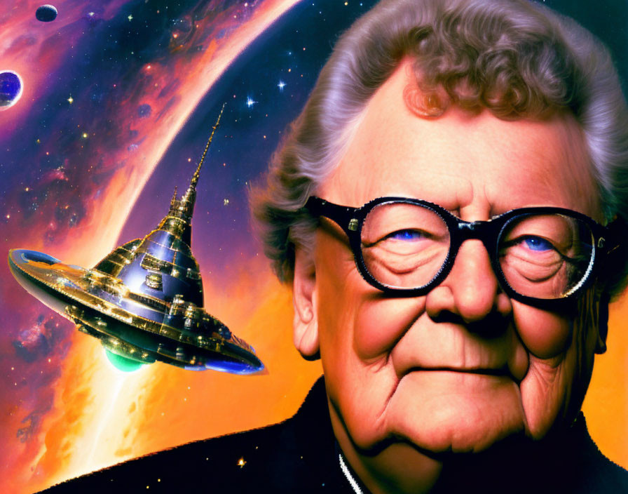 Person with glasses in front of vibrant space background with planet and flying saucer.