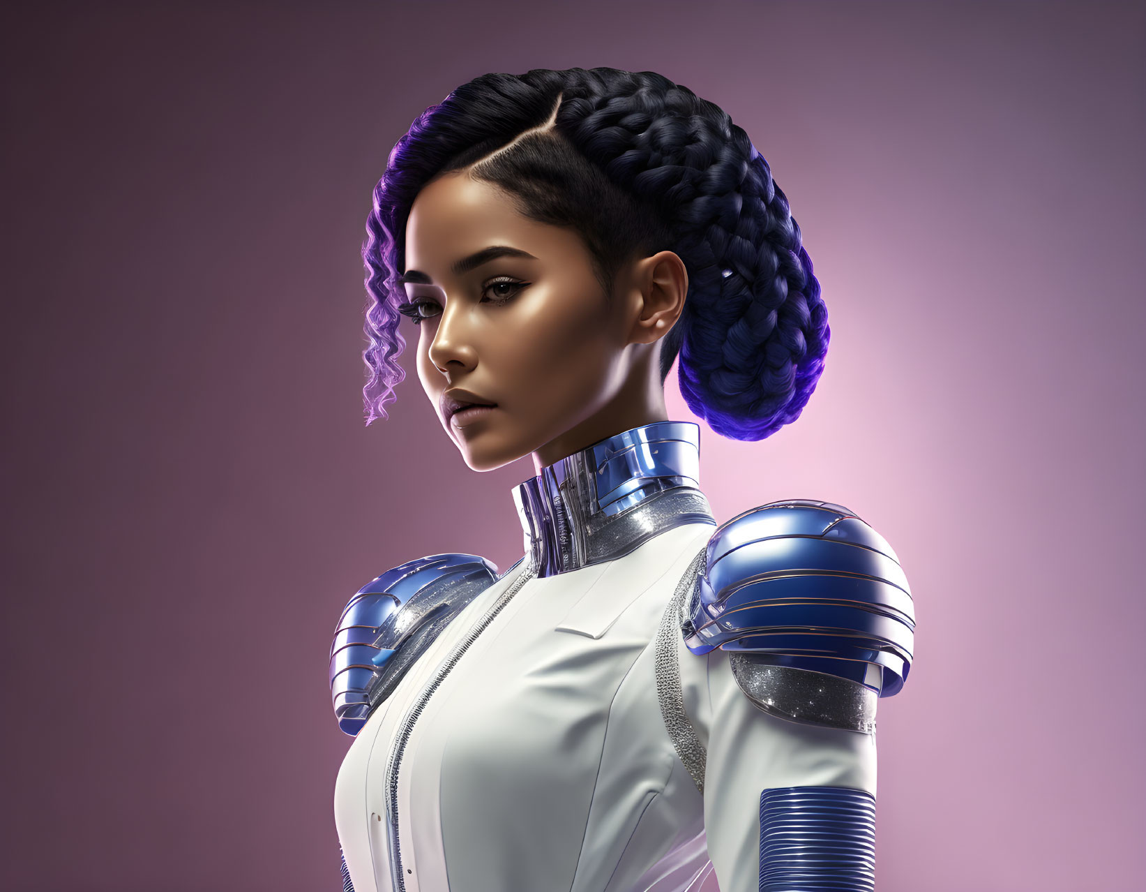 Futuristic female android with braided hair and metallic armor on purple background