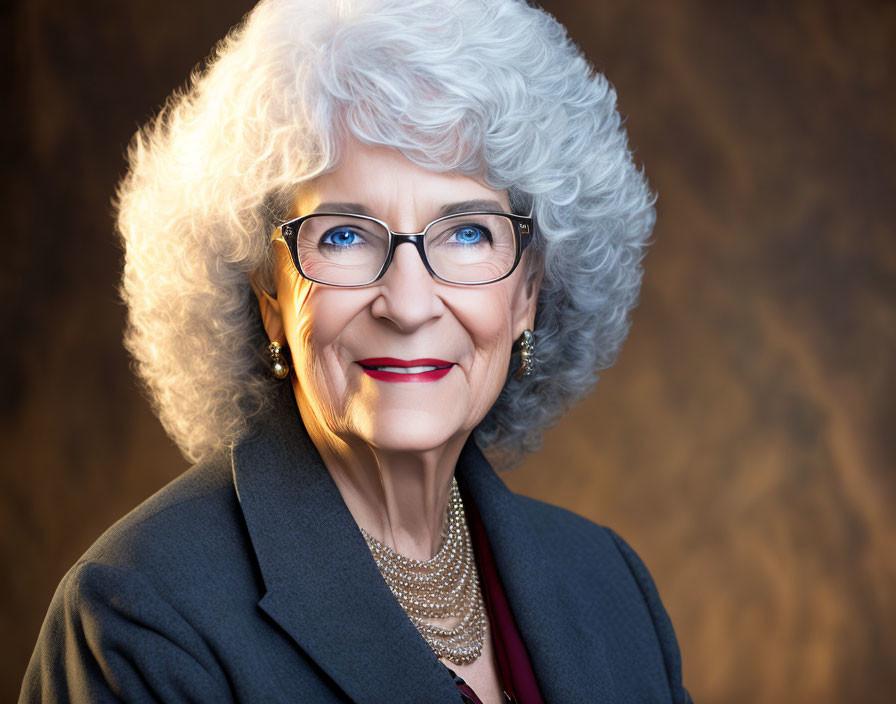 Curly Gray-Haired Elderly Woman Smiling in Gray Blazer