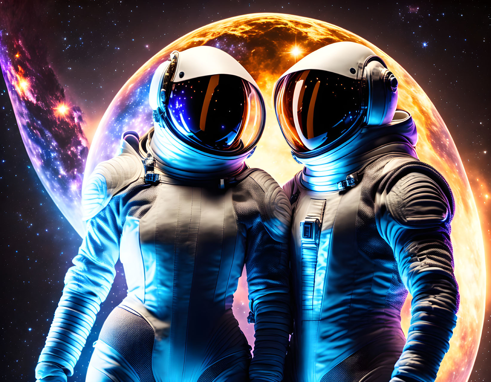 Astronauts in space suits with vibrant gas giant backdrop