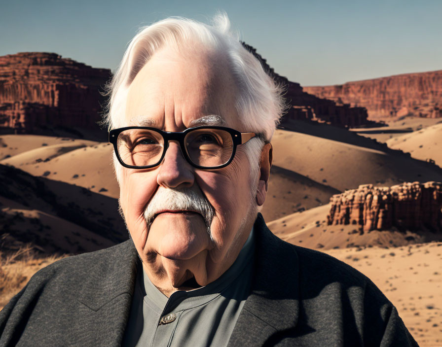 White-Haired Elderly Man with Mustache in Desert Landscape