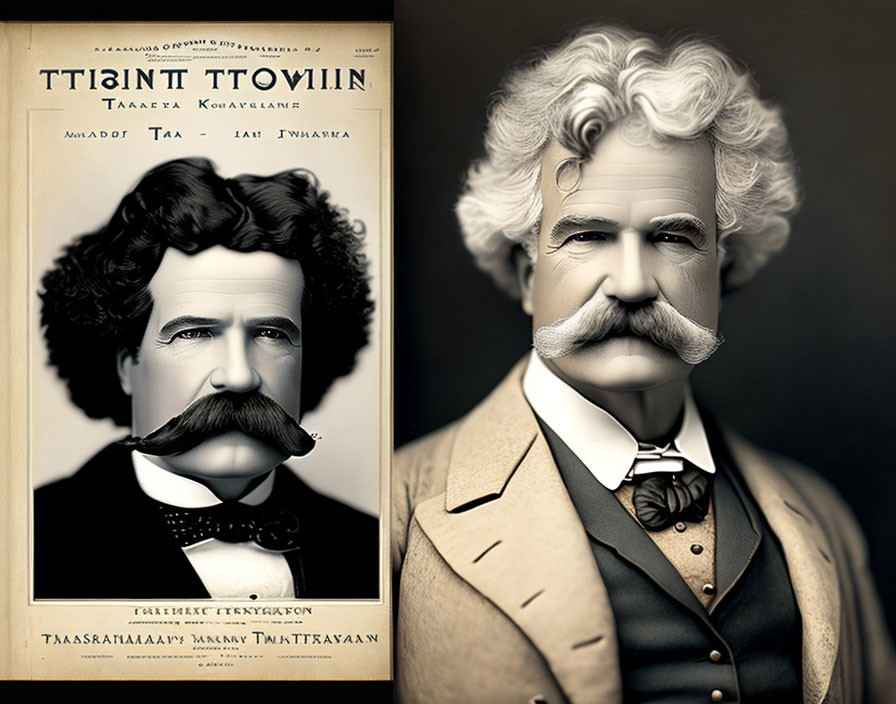 Vintage Artistic Depiction of Mark Twain with Mustache and Greek Letter Book Cover