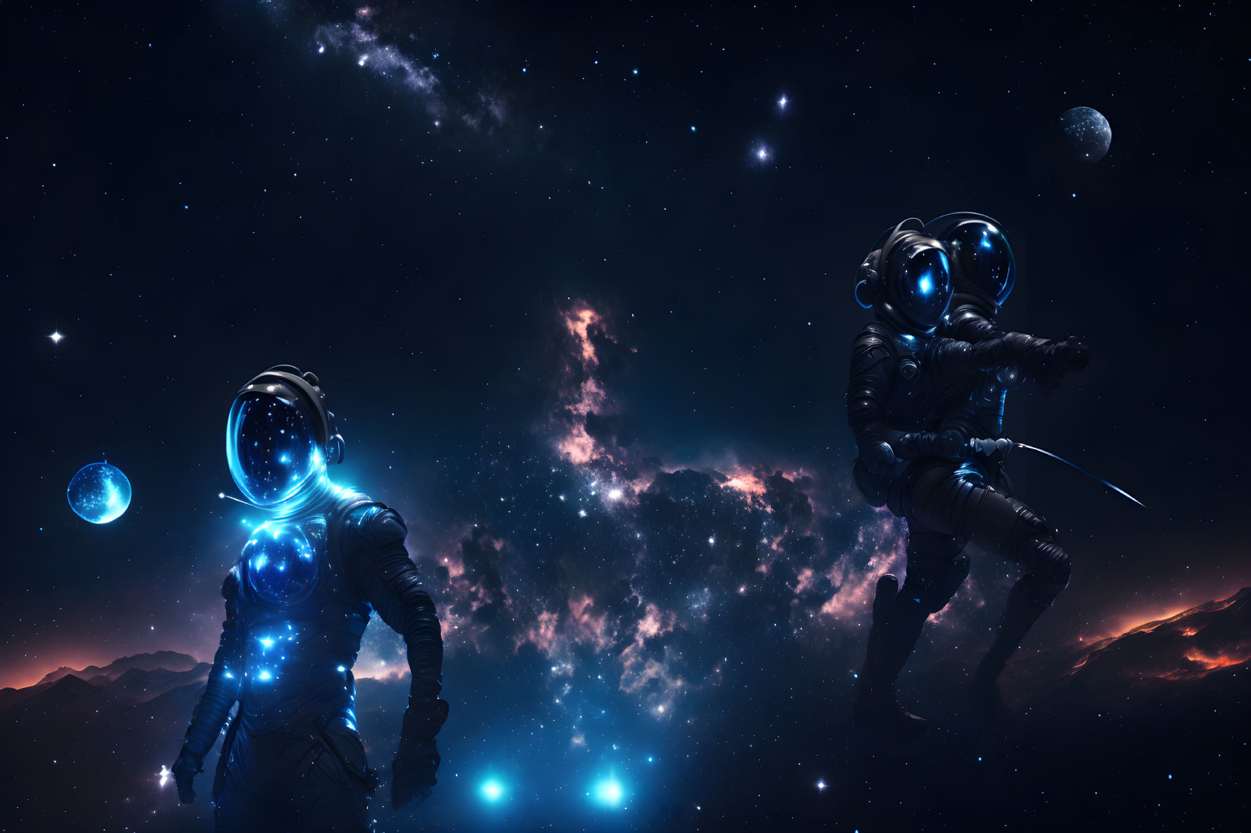 Astronauts in glowing suits float in space with stars and nebulae.