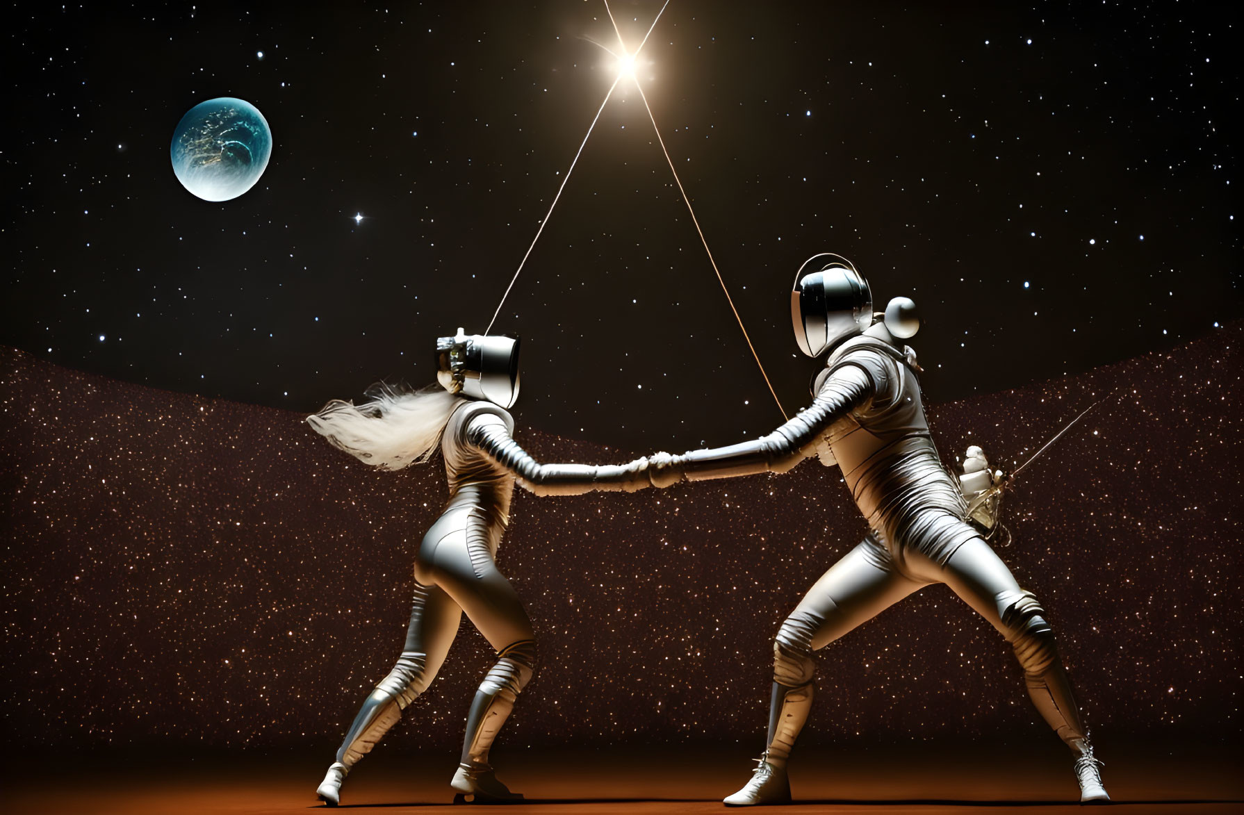 Silver-clad fencers duel under starry sky with Earth in background